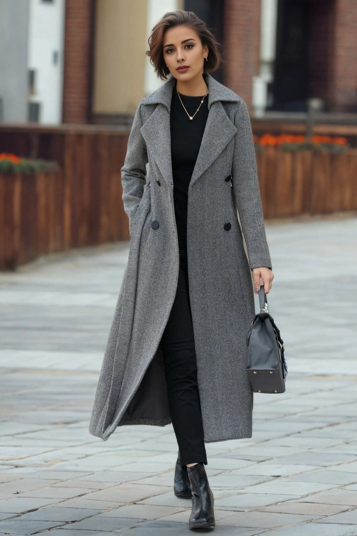 Gray Wool Long Trench Coat - Double Breasted Tie Waist 6288