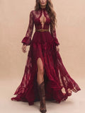 Festival Dress — Burgundy Mock Neck Keyhole Lace Dress Maxi Dress
