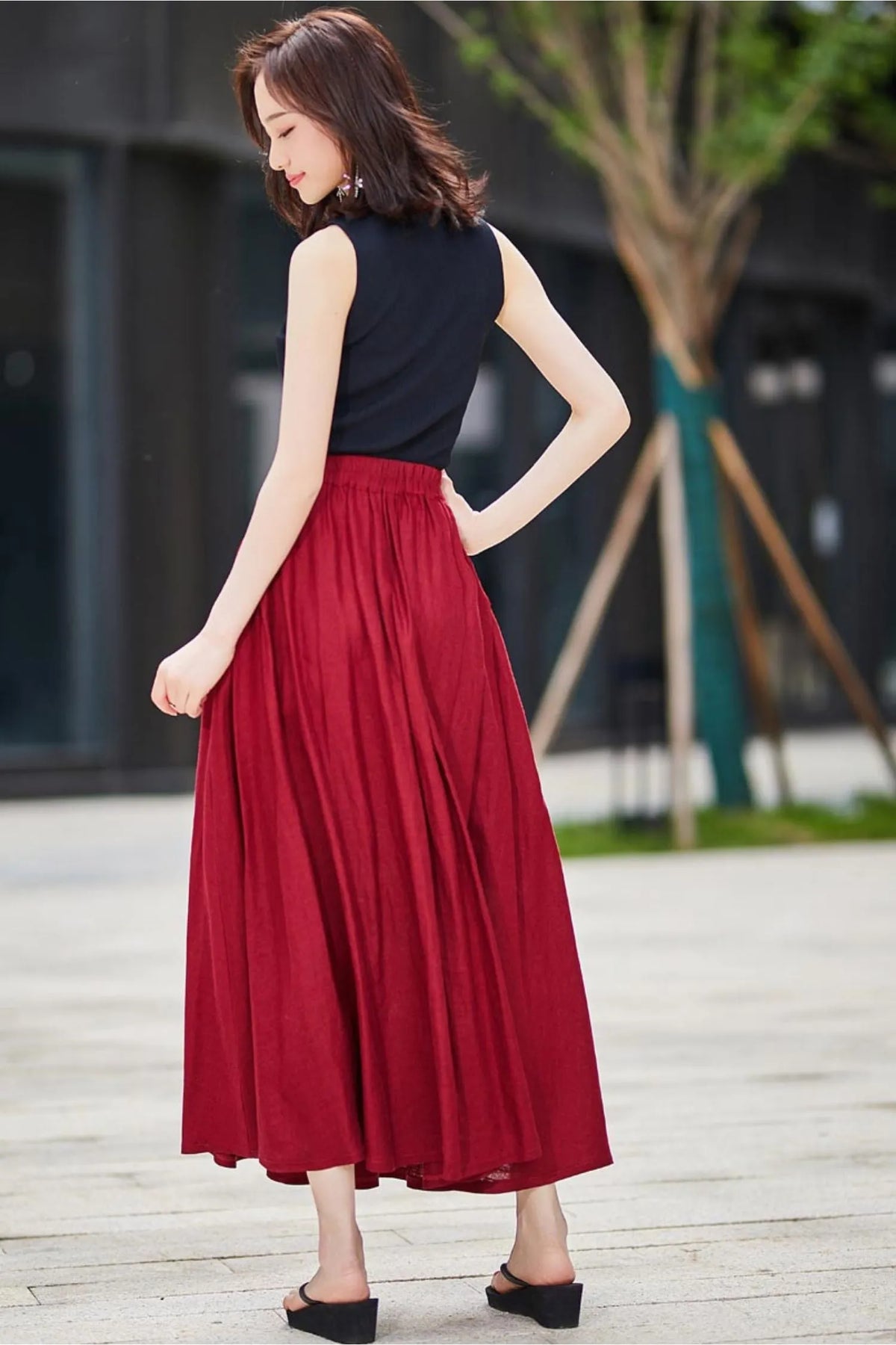 Red Linen Cotton Maxi Skirt - Pleated Pockets Flared 