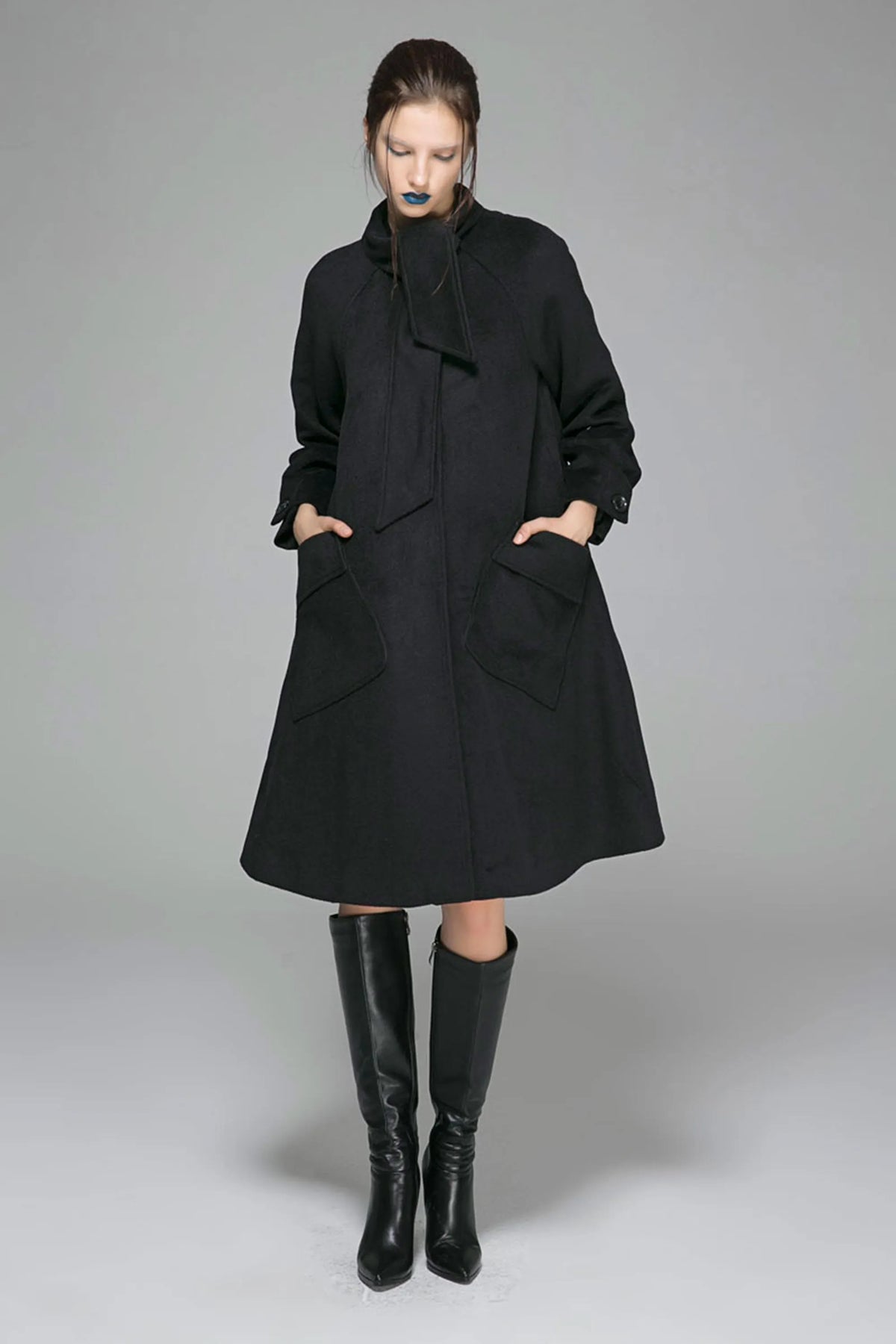 Handmade Black Wool Coat – Oversized A-Line Winter Overcoat with Big Pockets 