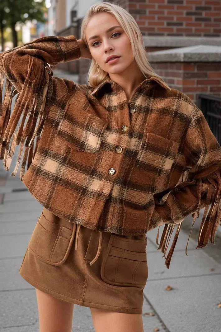 Plaid Fringe Wool Crop Coat
