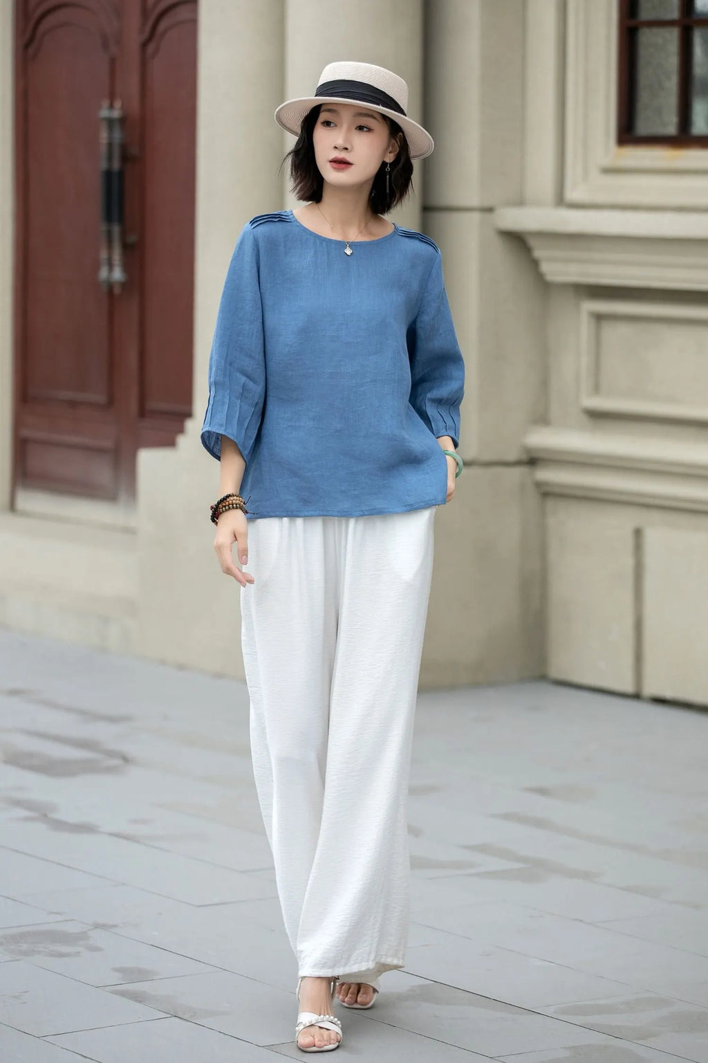 Blue Linen Blouse - Loose Fit with Boat Neckline 5221