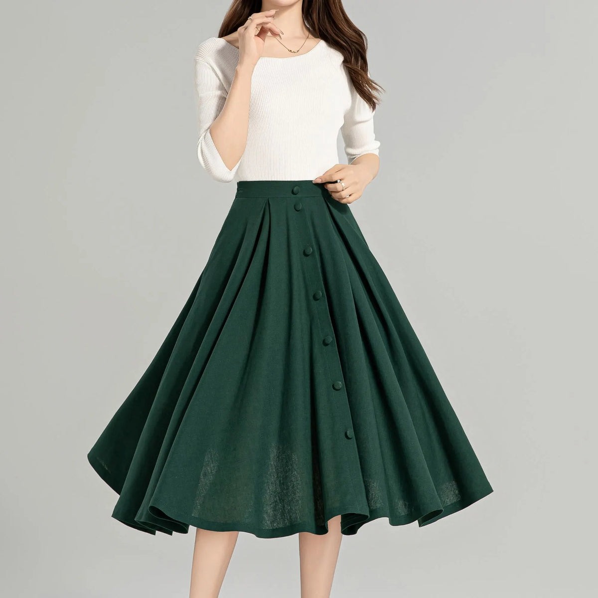 Dark Green Linen-Cotton Midi Skirt - A-Line Silhouette, Button-Down Detail 4963