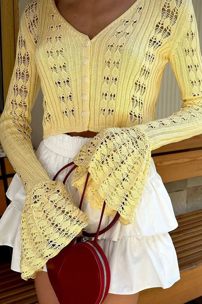 Hollow Out Knit V Neck Long Sleeve Cardigan