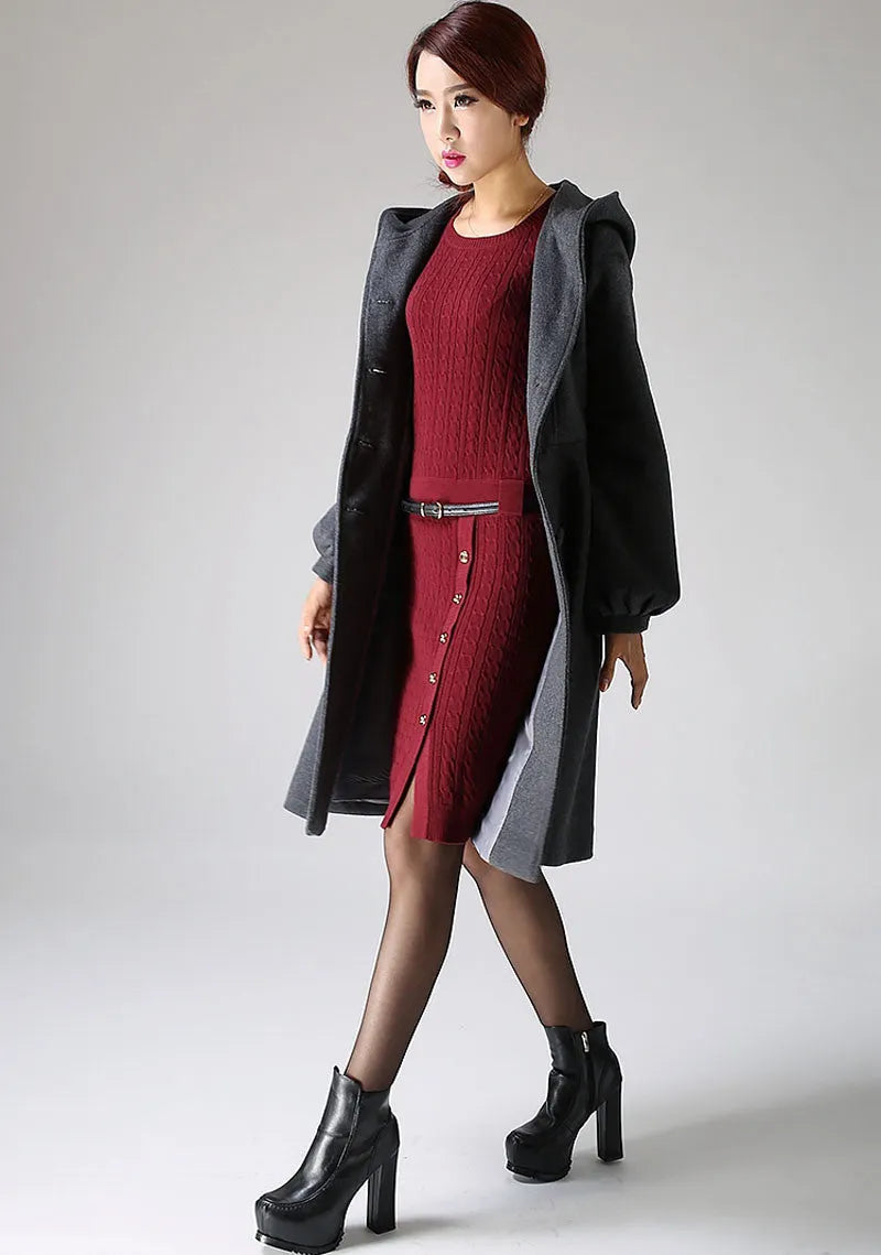 Dark Gray Wool Swing Coat - Hooded with Tie Waist and Lantern Sleeves 1073