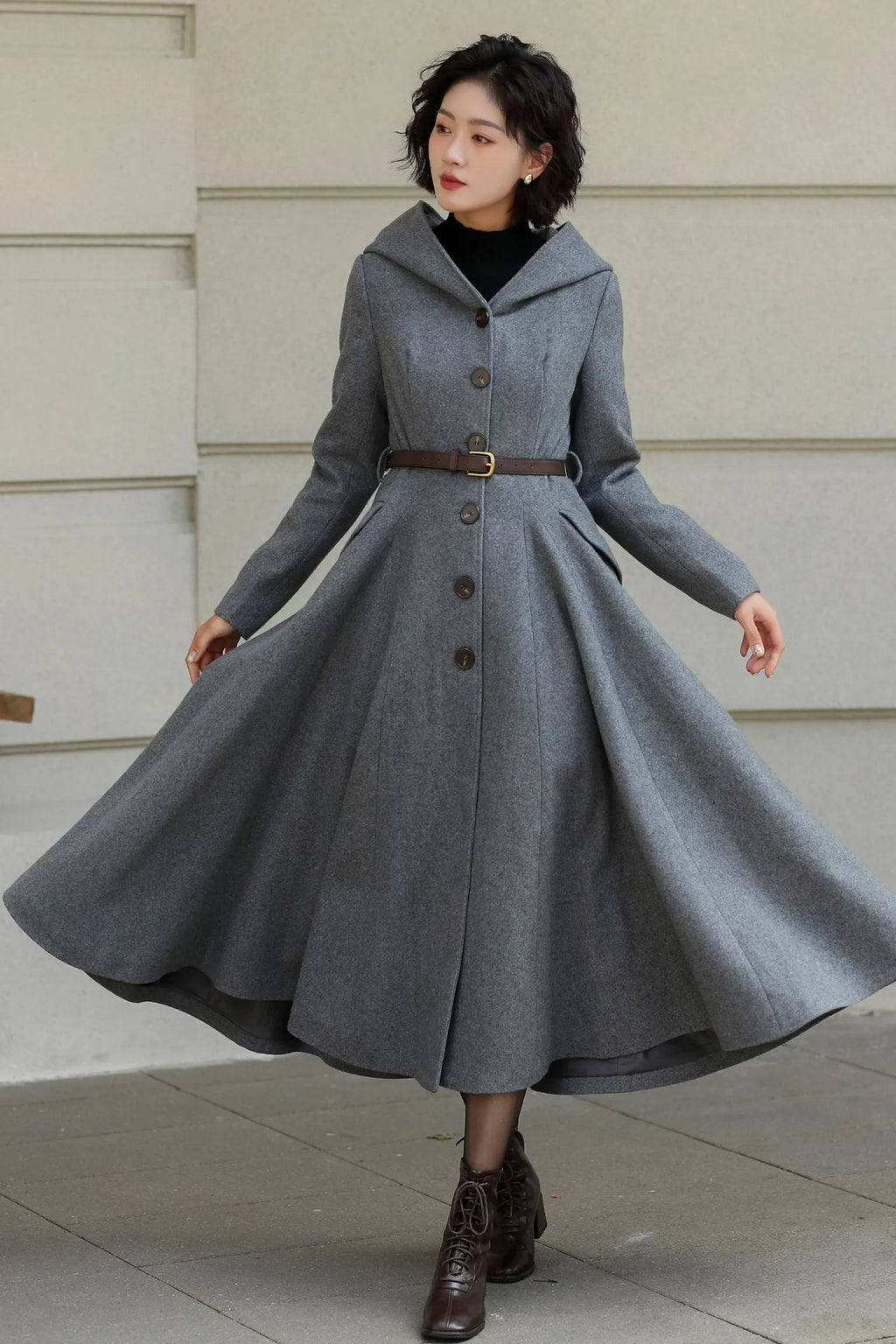 Gray Wool Long Coat - Hooded, Tie Belt, Fitted Waist 6535