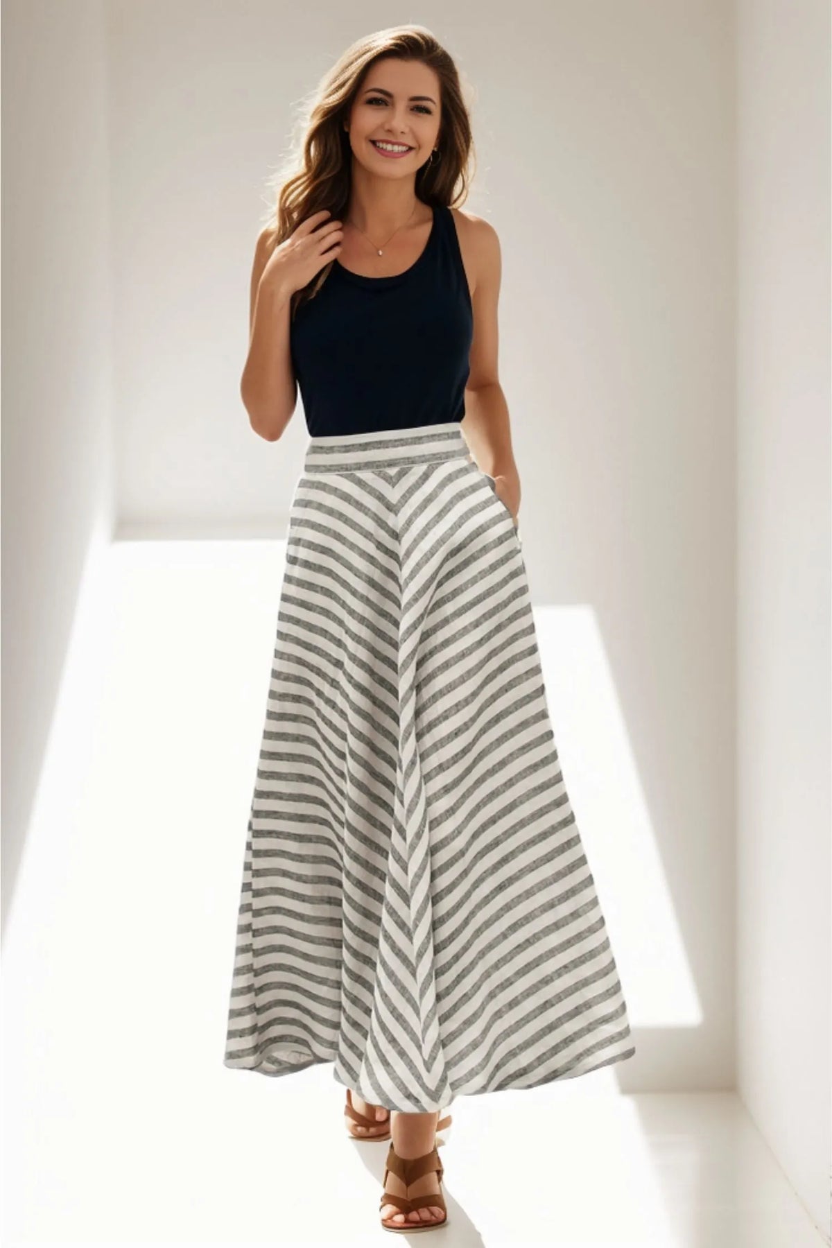 Striped Linen Maxi Skirt - A-Line Flowy High Waist 5120