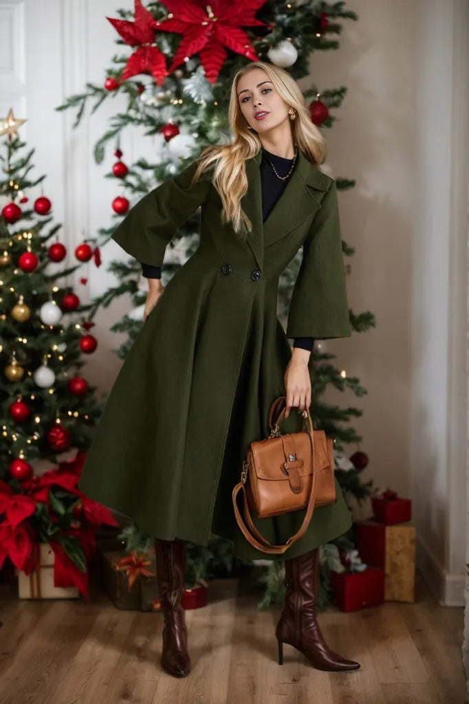Green Wool Princess Coat - Fit and Flare, 3/4 Sleeves 5364