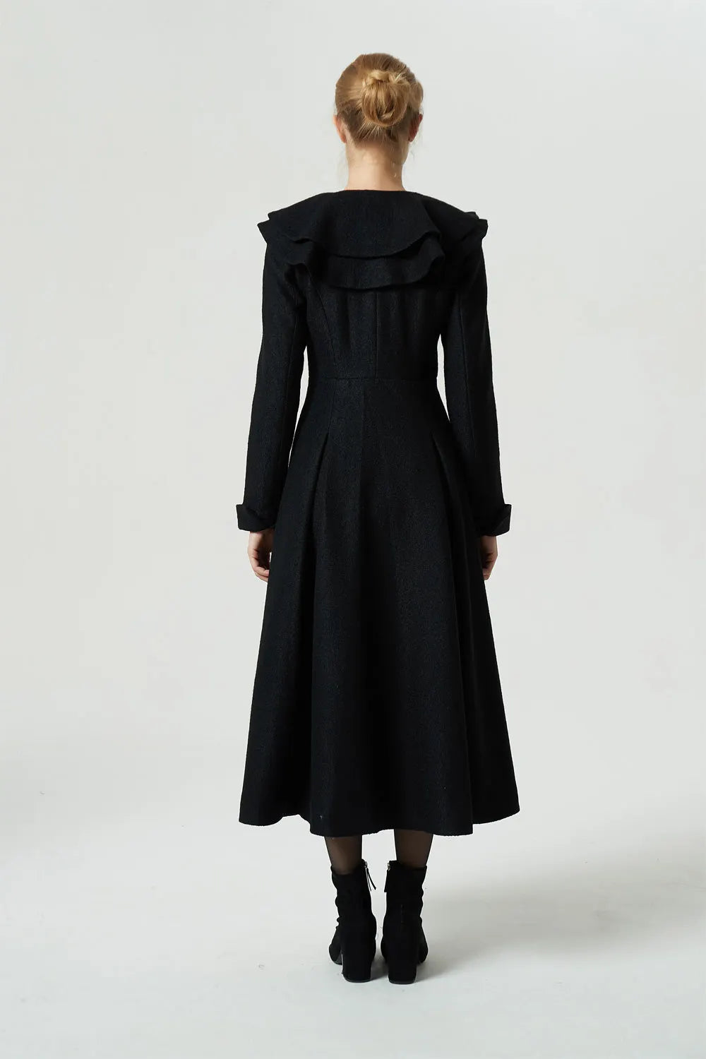 Black Wool Ruffle Coat – Handmade Feminine Fit and Flare Winter Maxi Coat 