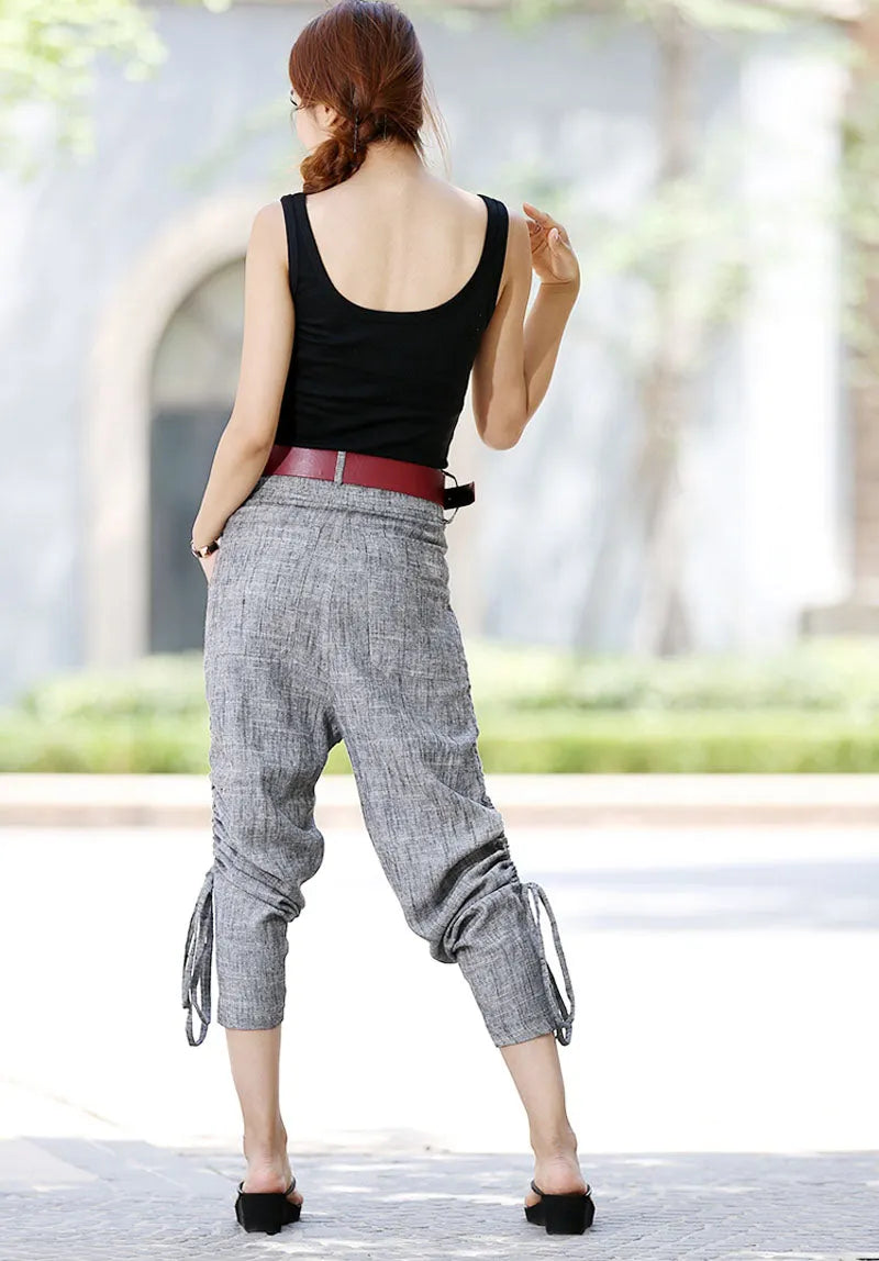 Grey Linen Trousers - Adjustable Wide Cuffs & Twin Pockets 1024