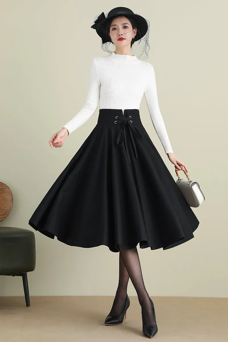 Black Wool Midi Skirt - High Waist Circle Swing 