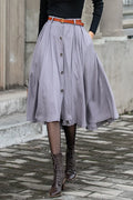 Grey Linen Cotton Midi Skirt - Button Front, Pleated Silhouette 3847