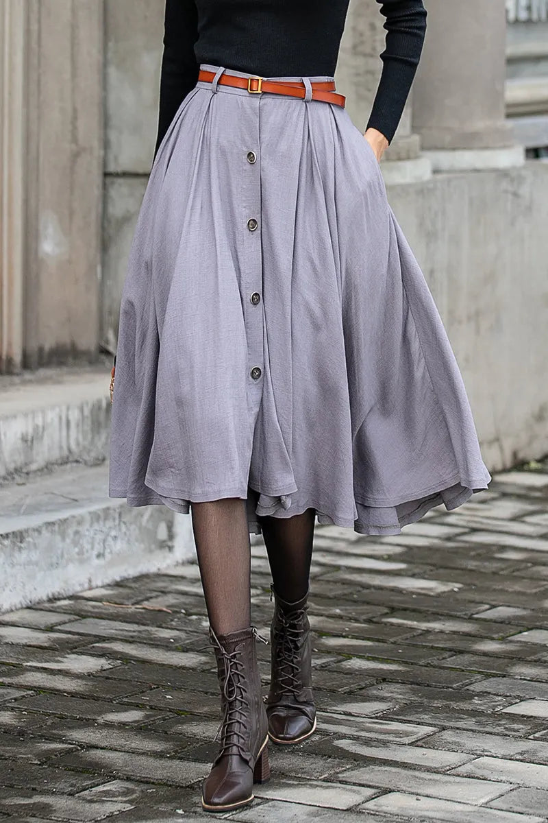 Grey Linen Cotton Midi Skirt - Button Front, Pleated Silhouette 3847
