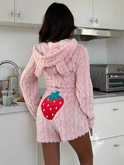 Strawberry Embroidered Jacquard Plush Hooded One-Piece Pajamas