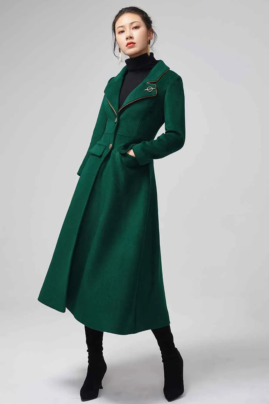 Emerald Green Wool Maxi Coat - Fitted Waist, Flowing Skirt 2202