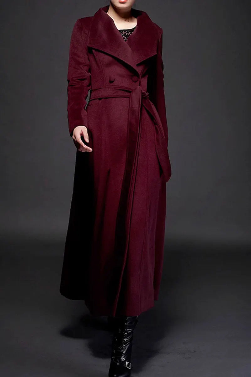 Dark Green Wool Long Coat - Double Breasted with Tie Belt 4712