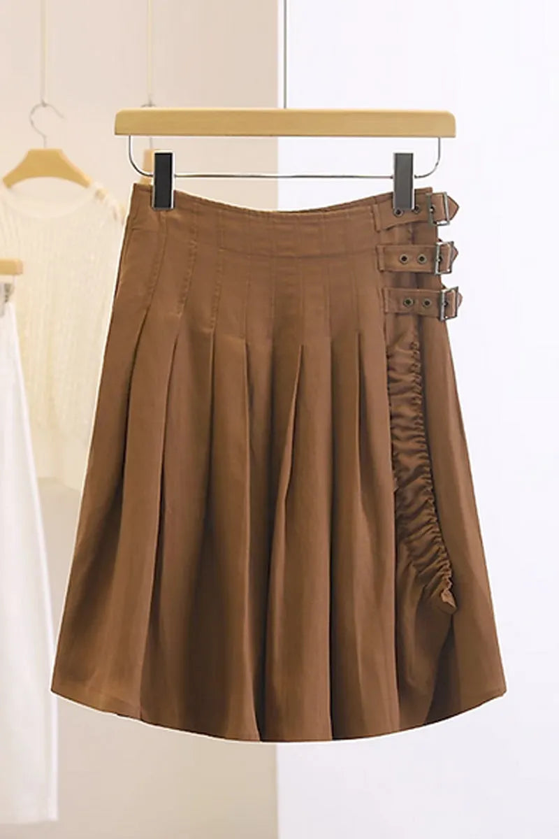 Brown Linen Skirt - Fitted Waist with Ruffle Detail 4364