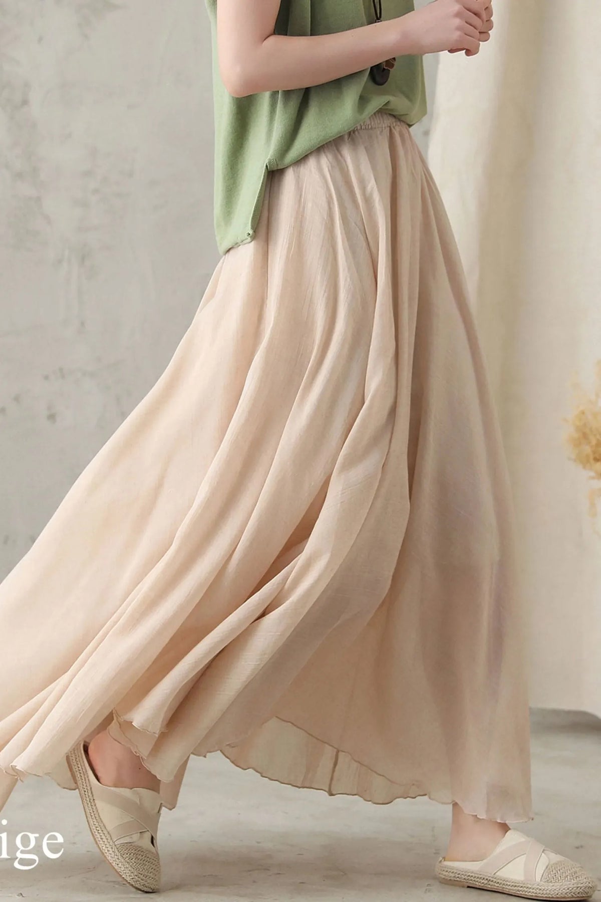 Beige Linen Maxi Skirt - High-Waist Elastic Waistband, Flowy Circle Hem 2820