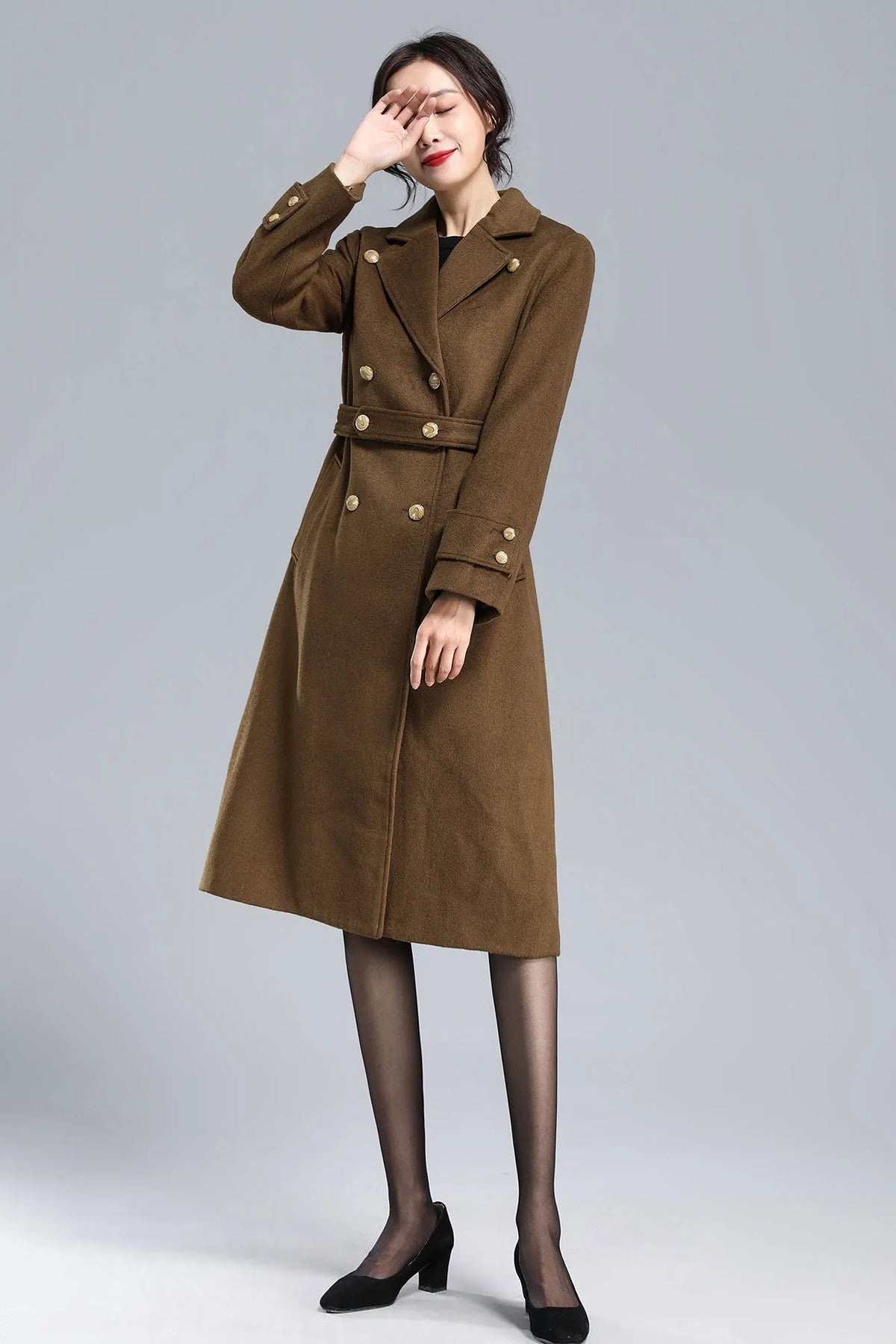 Brown Wool Coat – Vintage Double-Breasted Winter Overcoat with Belt 3178
