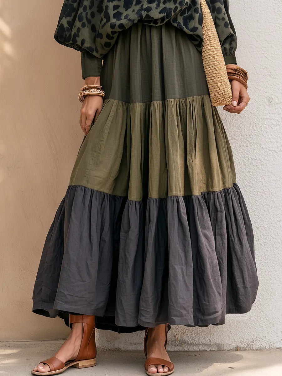 Retro-chic Leopard Print Faux-suede Top And Green Patchwork Cotton-linen Skirt Set