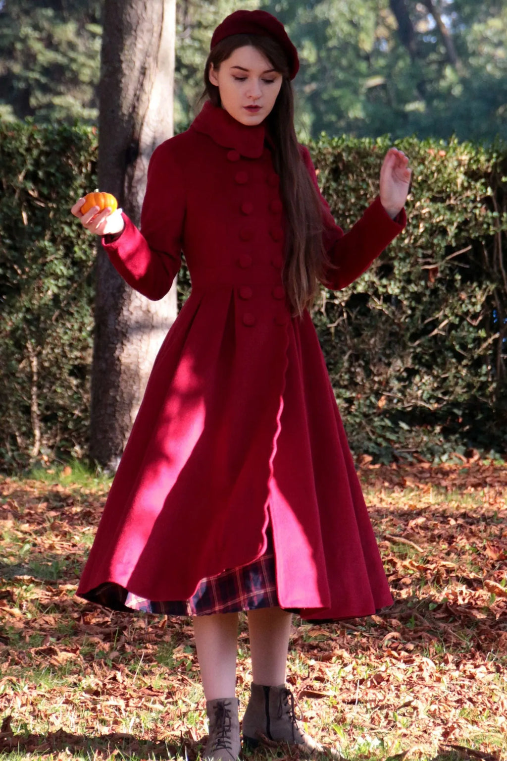 Red Wool Maxi Coat - Vintage Princess Silhouette with Pleated Detail 3219