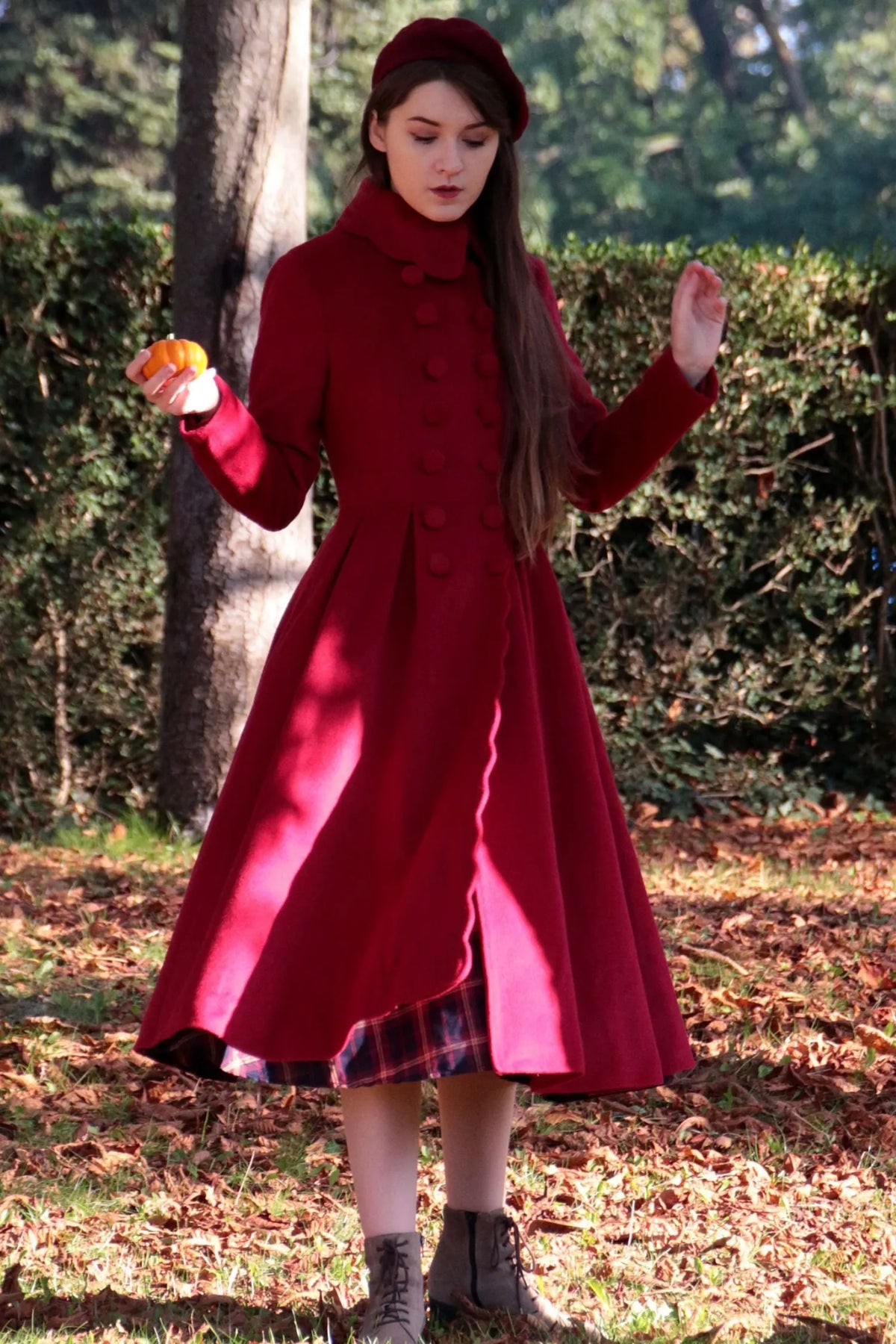 Red Wool Maxi Coat - Vintage Princess Silhouette with Pleated Detail 3219