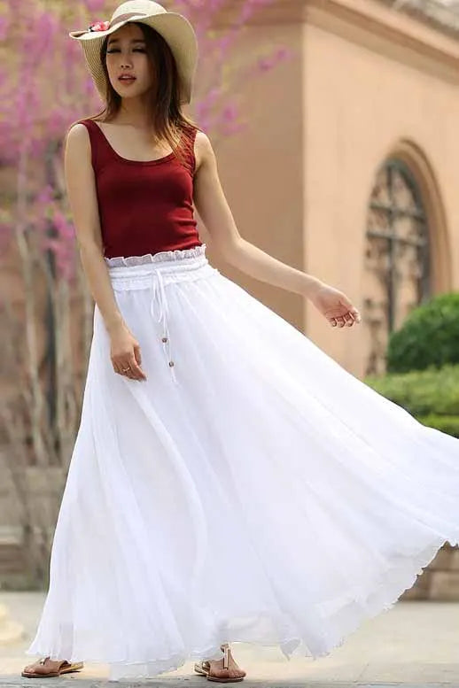 White Chiffon Maxi Skirt - Elastic Waist Ruffle Detail 944