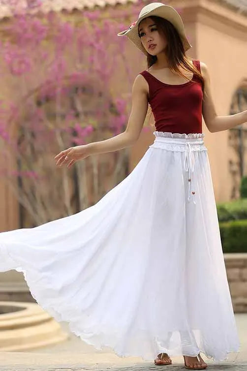 White Chiffon Maxi Skirt - Elastic Waist Ruffle Detail 944