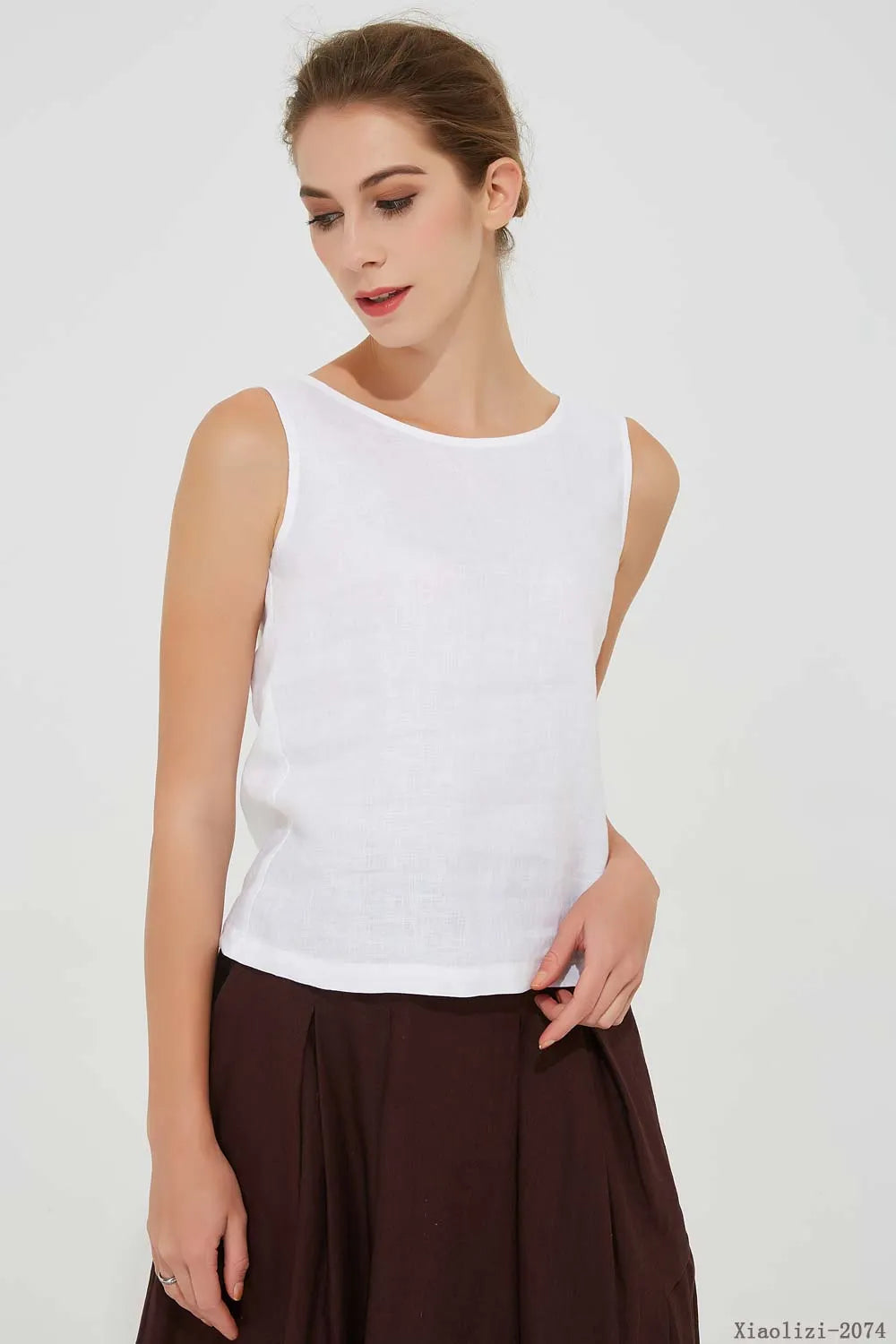 White Linen Sleeveless Tank Top - Soft Round Neck Summer Blouse 2074