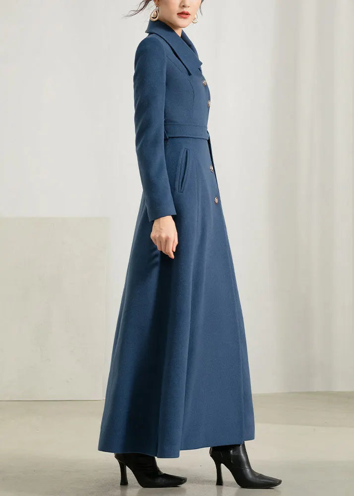 Blue Wool Maxi Coat - Fit and Flare Silhouette with Belt 2949