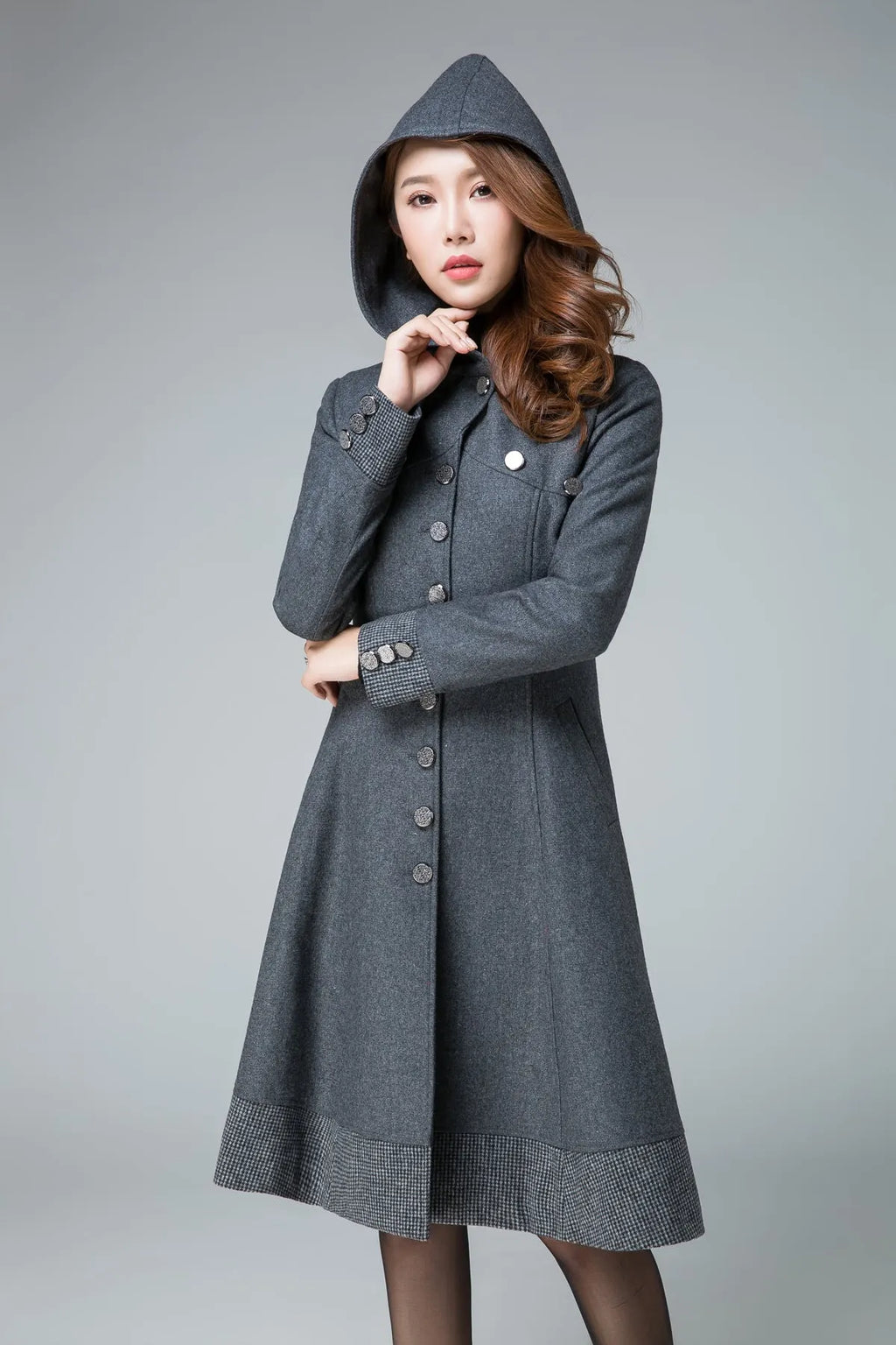 Dark Gray Wool Coat – Handmade Hooded A-line Winter Coat with Plaid Trim 