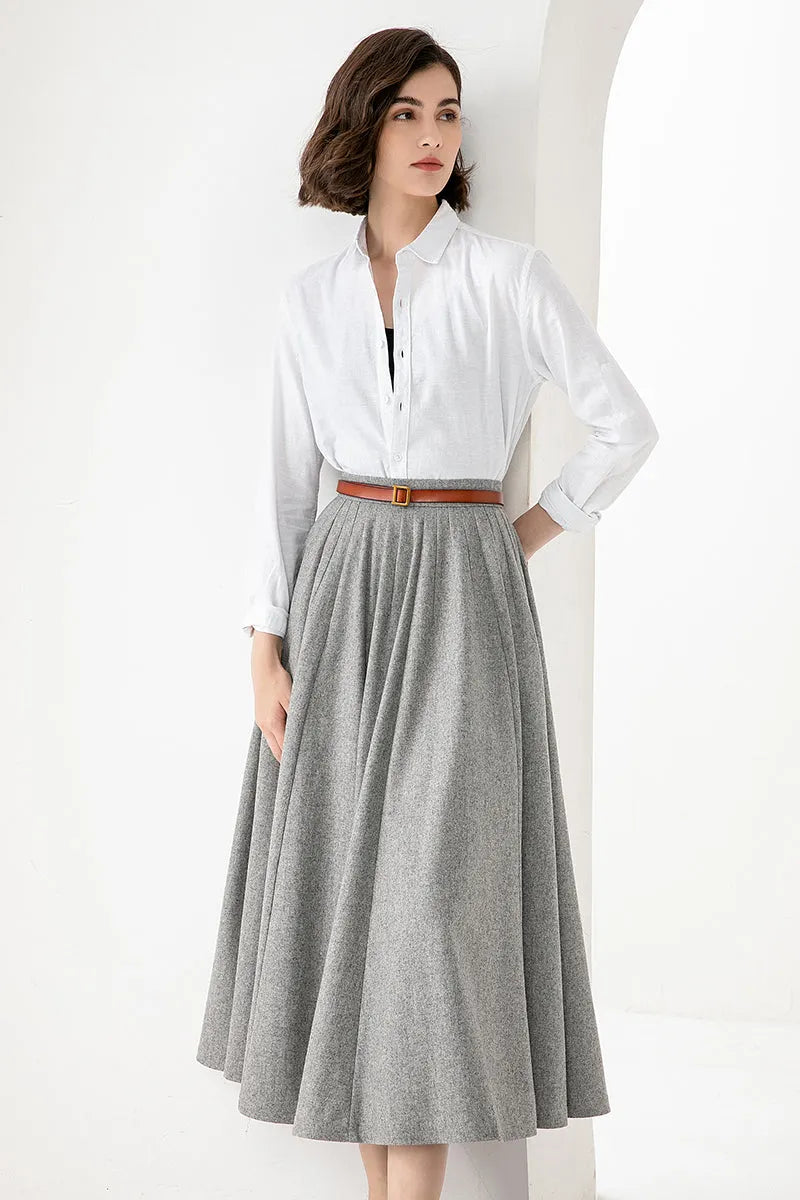 Women’s Light Gray Wool Midi Skirt – Elegant Handmade Swing Skirt 