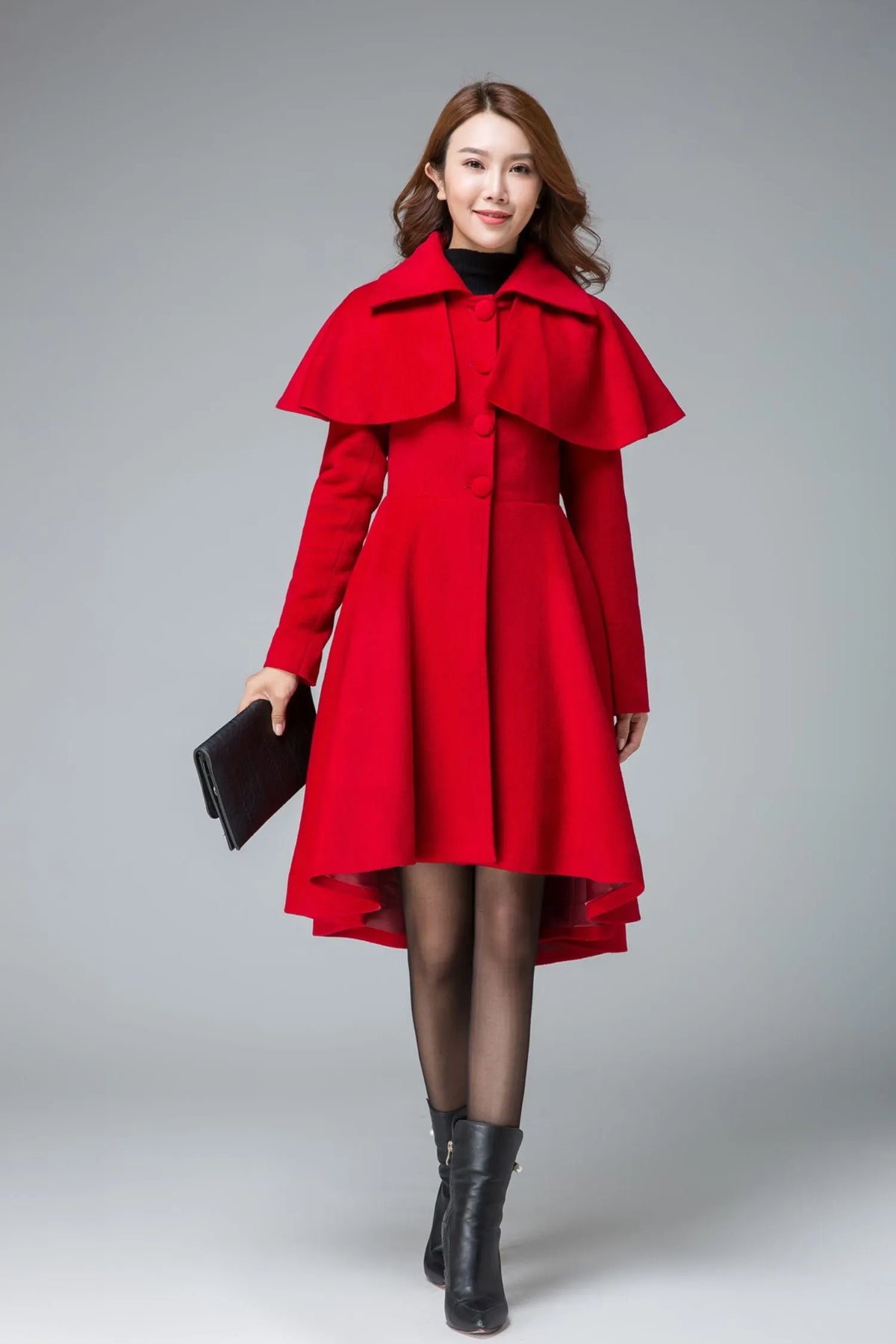 Handmade Red Wool Cape Coat – Vintage High-Low Winter Overcoat with Detachable Cape 