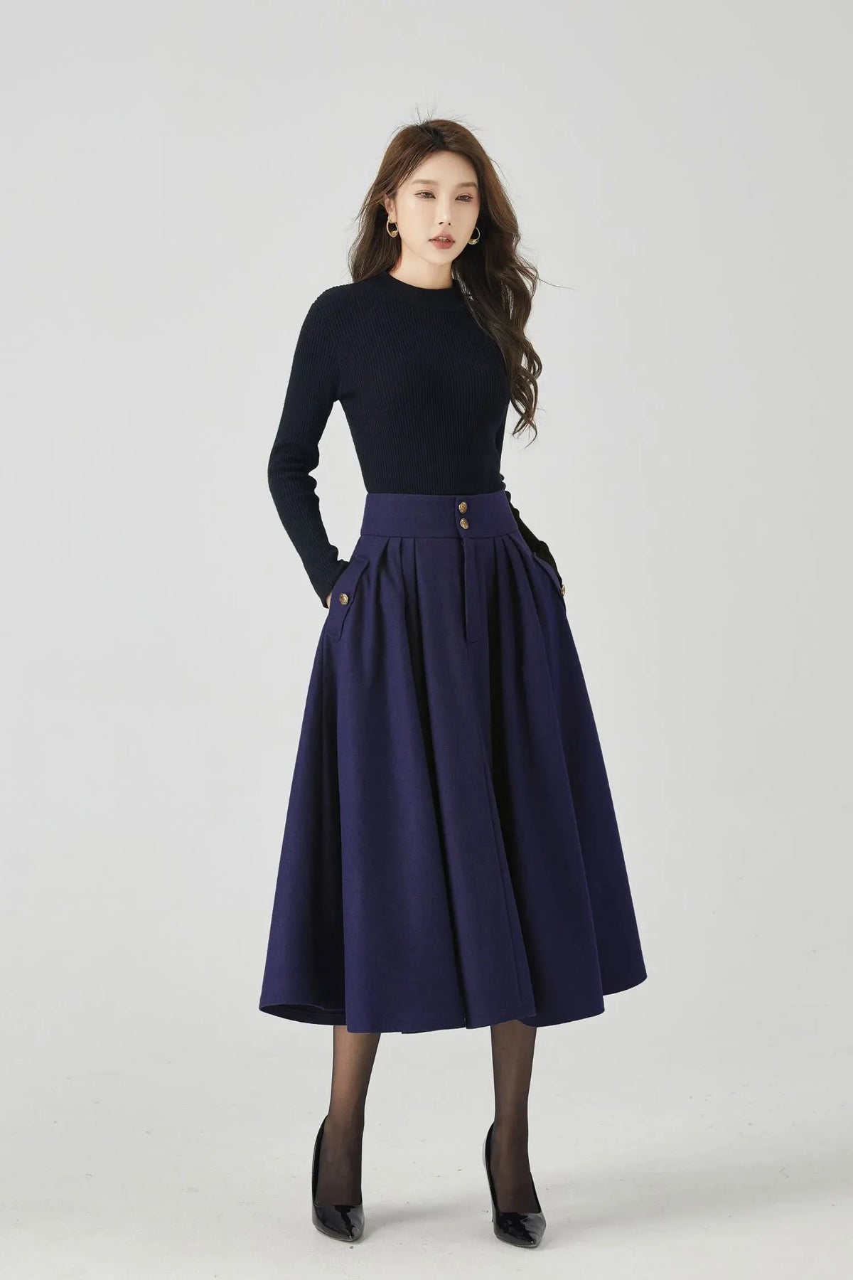 Navy Wool Midi Skirt - Pleated Swing Silhouette 5383