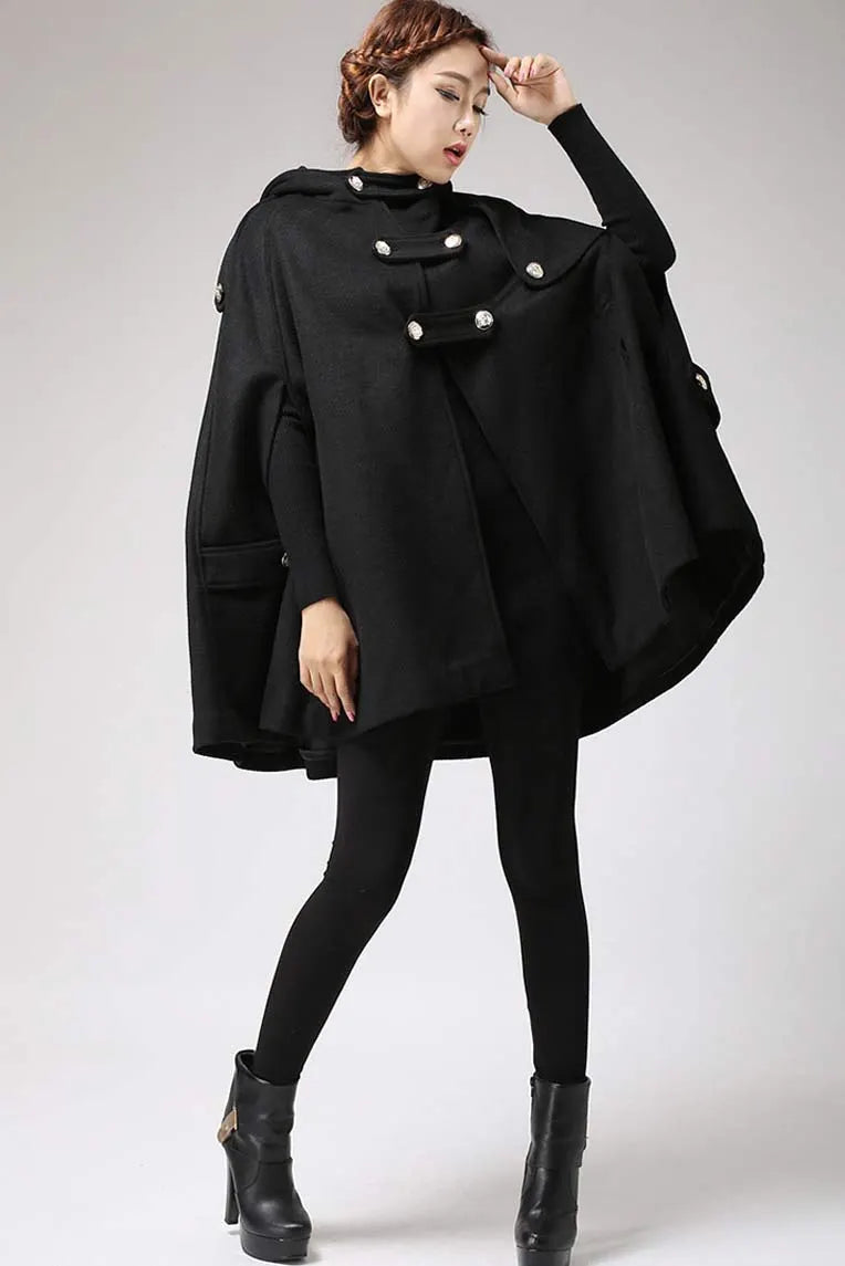 Black Hooded Wool Poncho Coat – Elegant Military Style Cape 