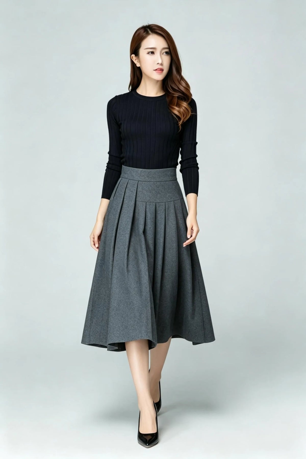 Gray Wool Blend A-Line Midi Skirt - High Waist Pleated Elegance 6926