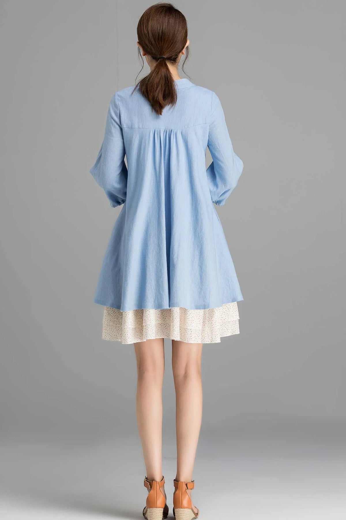 Blue Linen Blend Shirt Tunic Dress - Oversized Bishop Sleeve 2358
