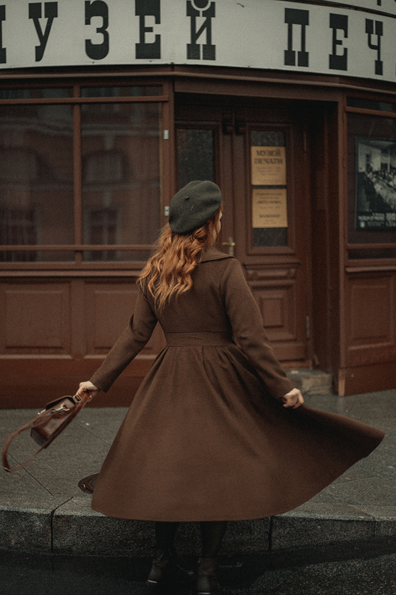 Brown Wool Blend Coat – Handmade Pleated Long Winter Dress Coat 