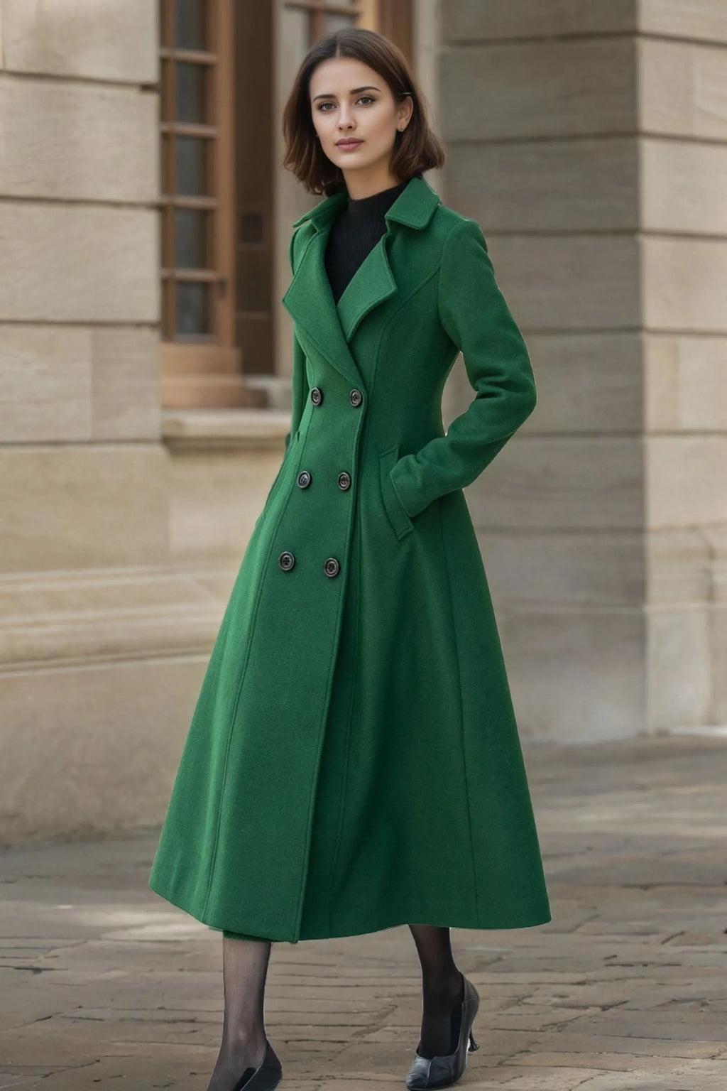 Double Breasted Wool Coat – Elegant Green Winter Overcoat for Women 6298