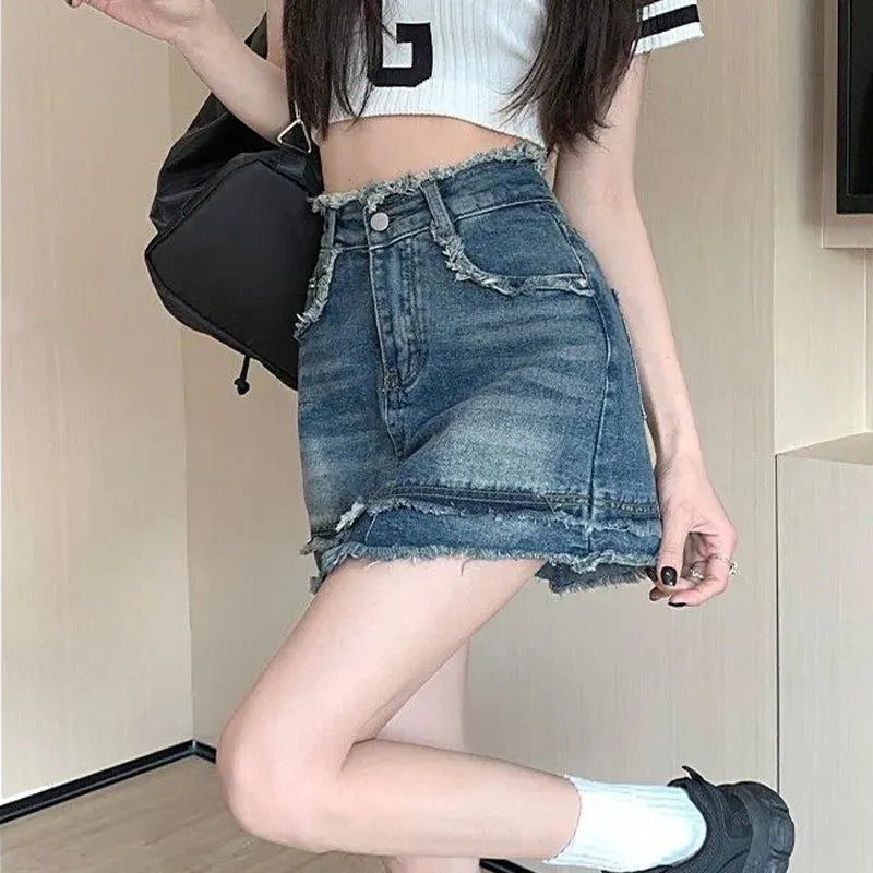 Denim Vintage A-line Y2K Patchwork Retro Skirt