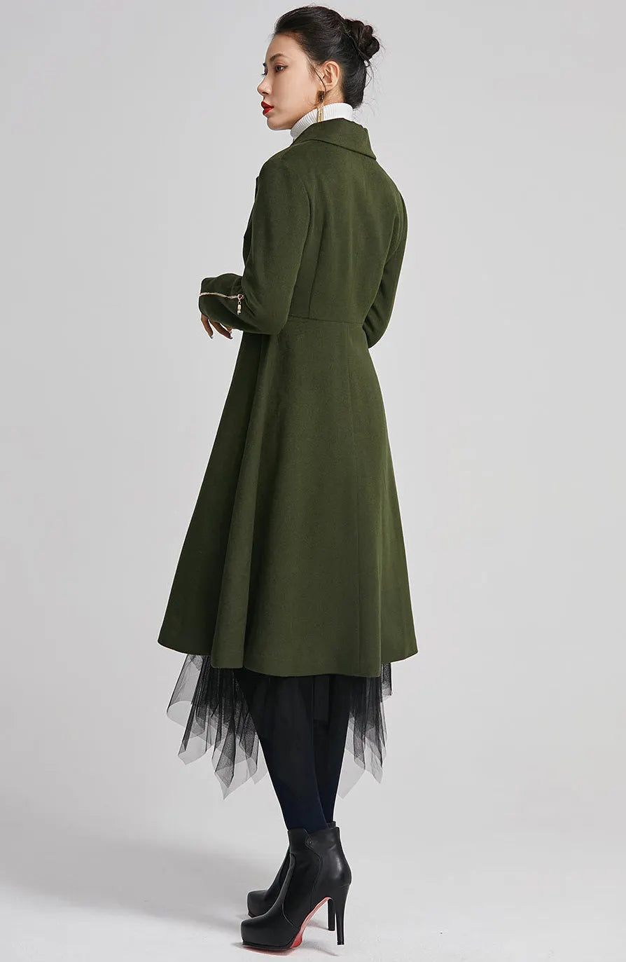 Elegant Green Wool Blend Coat – Tailored Midi Winter Coat with Zipper Details 