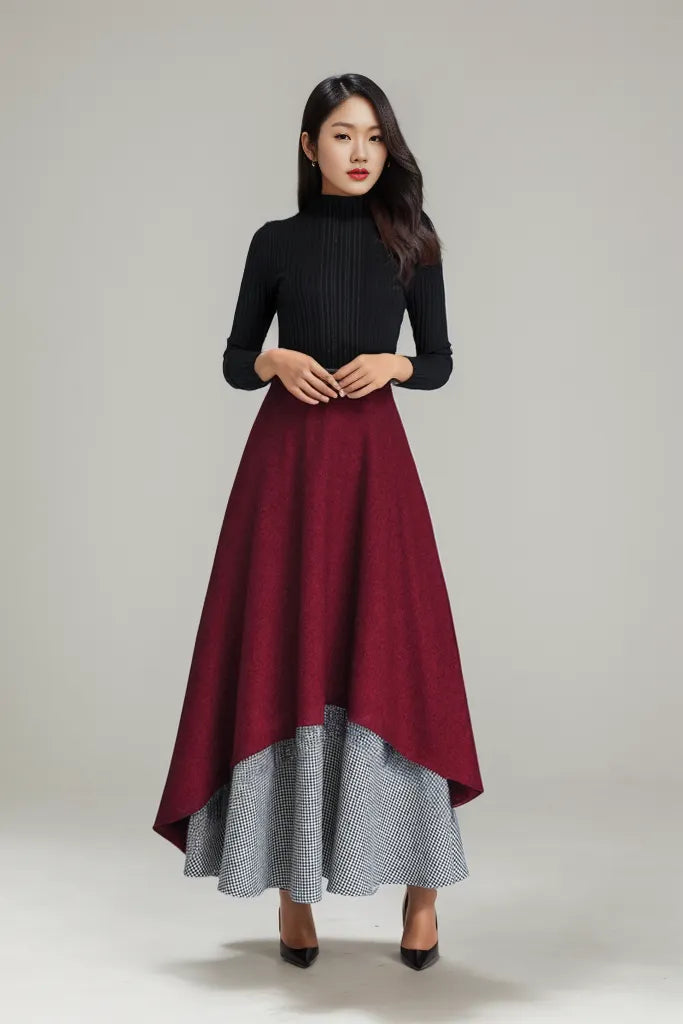 Handmade Layered Wool Maxi Skirt – Burgundy Swing with Houndstooth 
