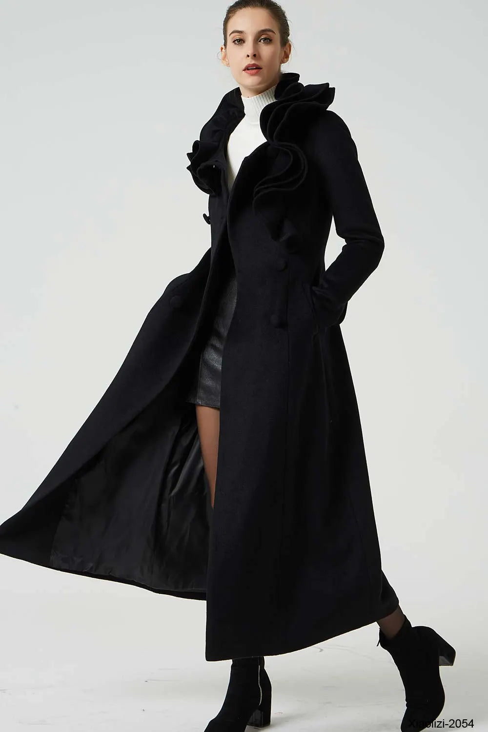 Xiaolizi Black Ruffle Collar Wool Coat for Women – Handmade Maxi Double-Breasted Winter Coat 2054