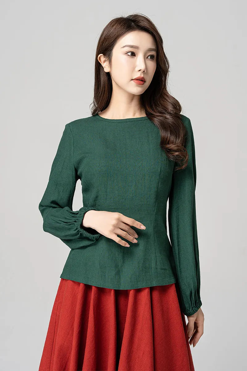 Green Linen Blouse - Lantern Sleeve Relaxed Fit 4183