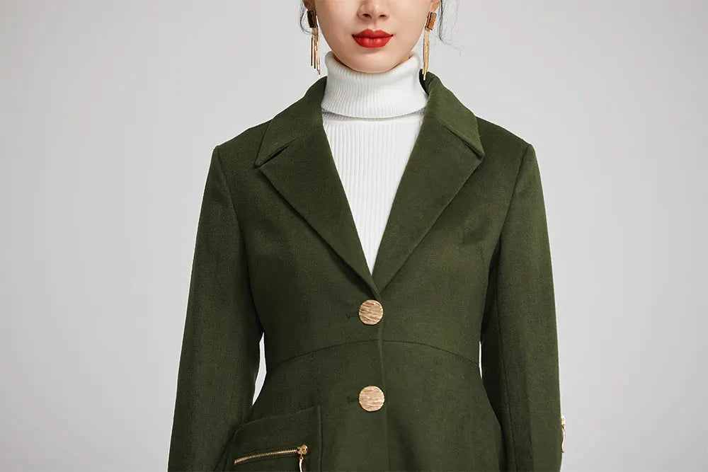 Elegant Green Wool Blend Coat – Tailored Midi Winter Coat with Zipper Details 