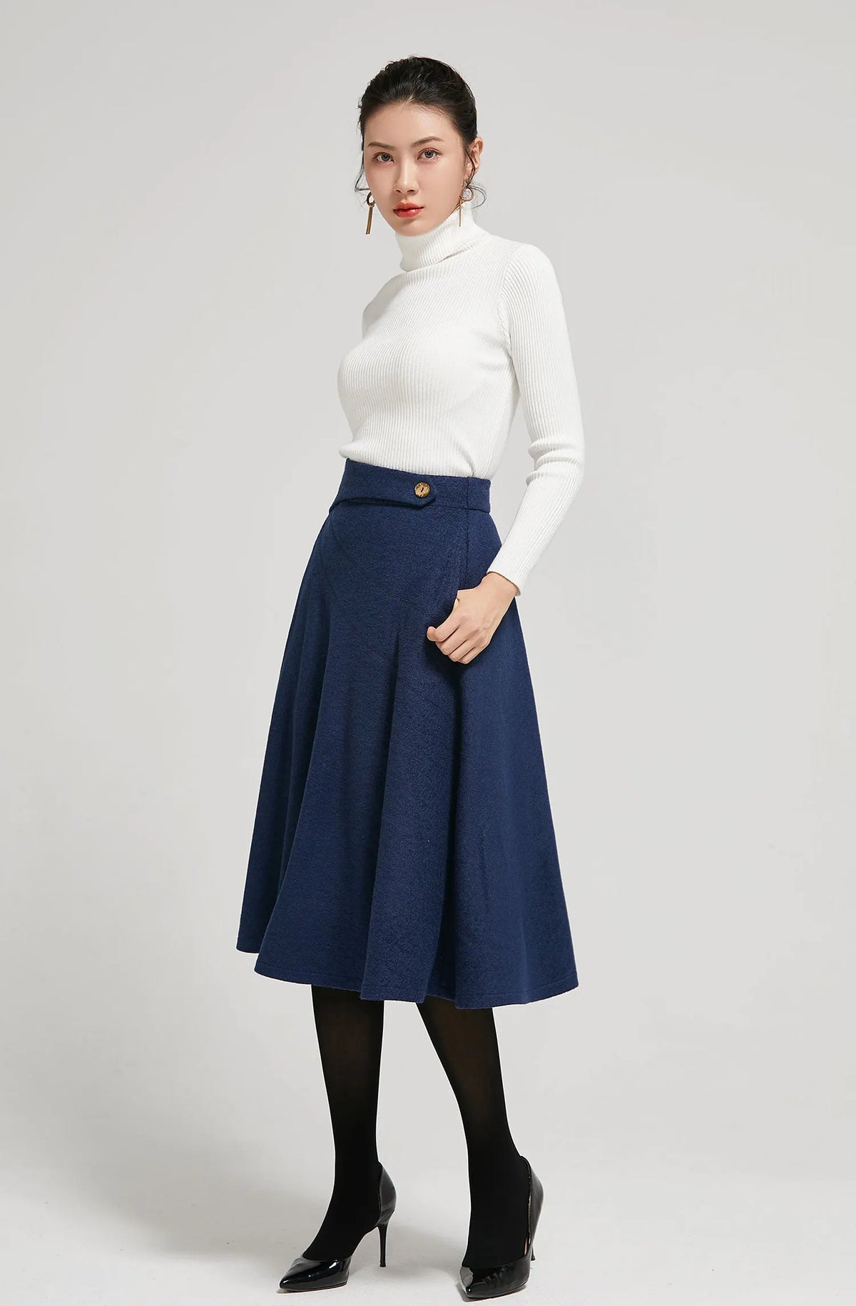 Navy Wool A-Line Midi Skirt - High Waist Elegant Silhouette 2301