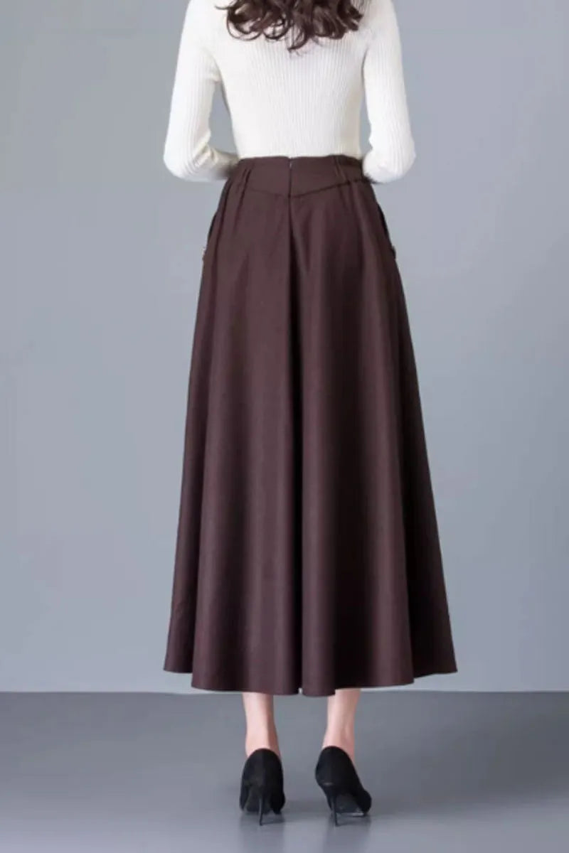 Brown Wool Maxi Skirt - A-Line with Pockets 4752