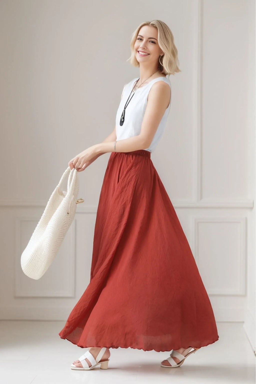 Boho Linen Maxi Skirt, Pleated Elastic Waist 