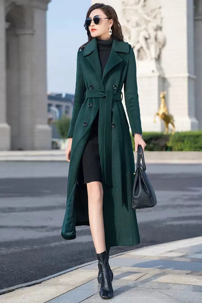 Vintage-Inspired Long Wool Coat – Women’s Belted Winter Overcoat with Pockets 3980