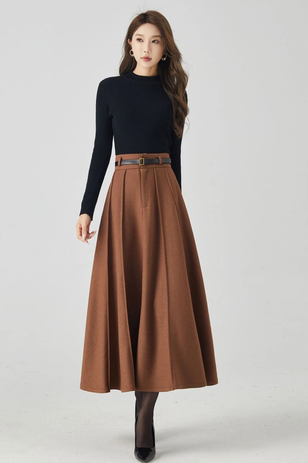Brown Wool Pleated Midi Skirt – High Waist Winter Skirt with Pockets 4531